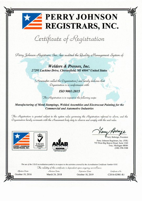 WPI ISO 90012015 Certificate 2018 Welders Presses Inc